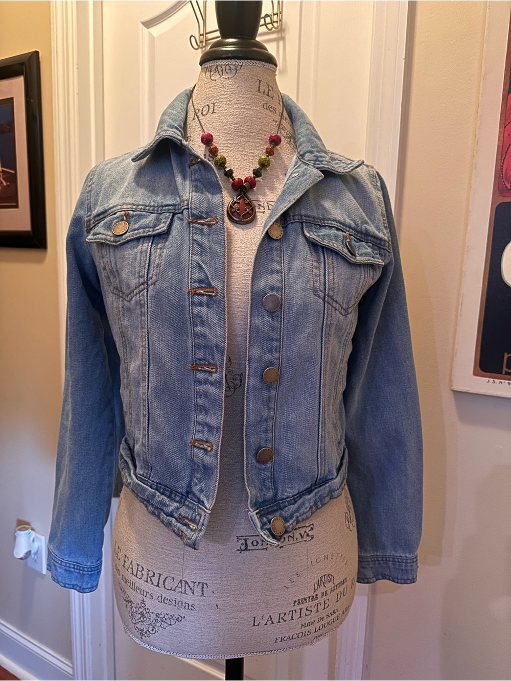 Ci Sono boho cropped Faded Light Blue Denim Jacket with Button Front
